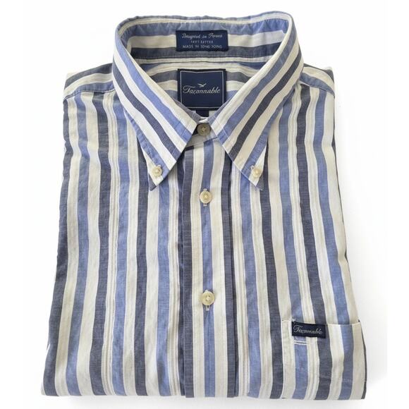 Faconnable Shirt Men's L Blue White Bold Stripe Textured Cotton Button Down - Picture 2 of 10